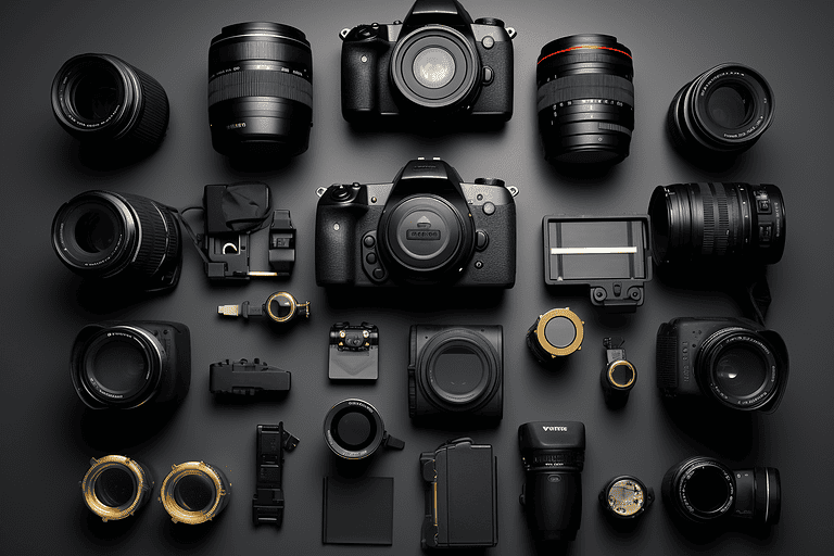 Cameras, lenses, and other photography tools laid out on a table flatlay-style
